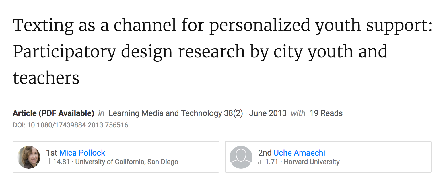 Texting as a Channel for Personalized Youth Support: Participatory Design Research by City Youth and Teachers.